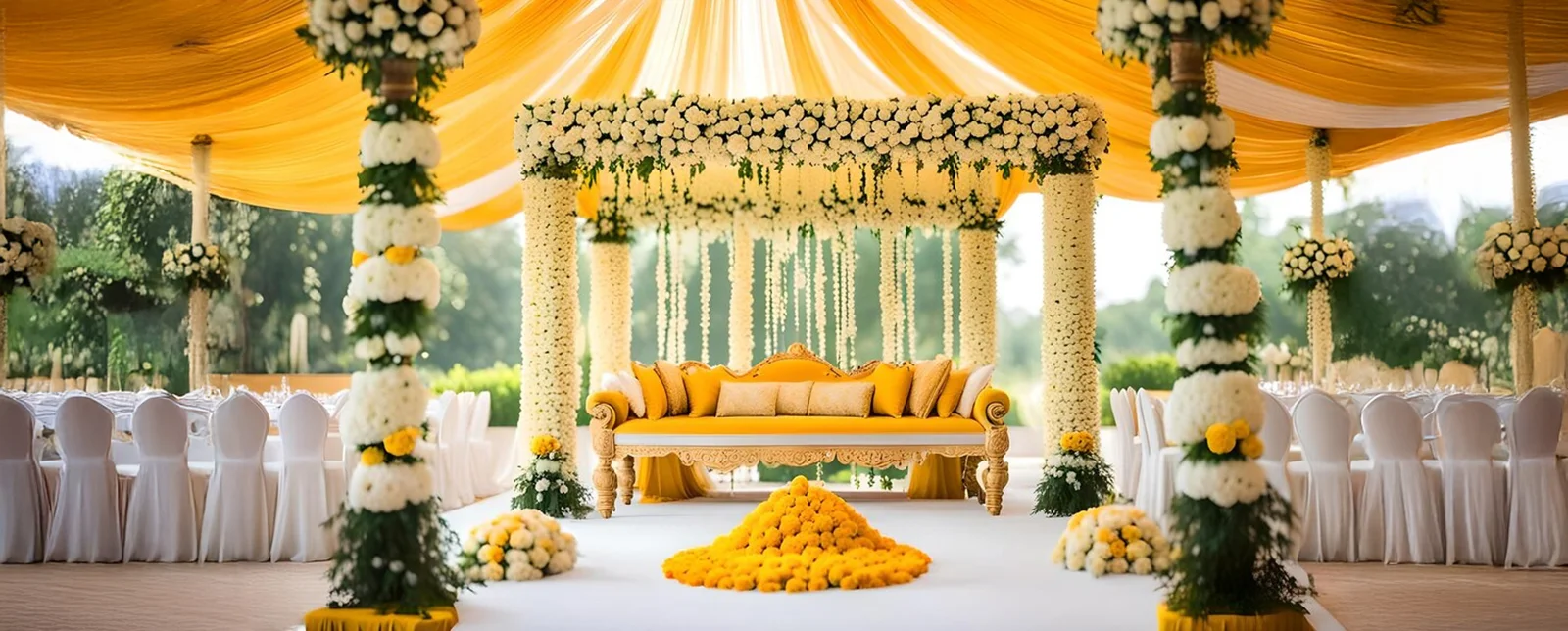 Yellow floral ceremony setting featured on the existing Keshav Celebrations website